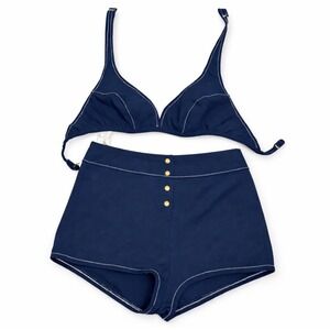 Robby Len Fashions 2 Piece Swimsuit Size 15/16 High Waisted Shorts Navy 70s 80s